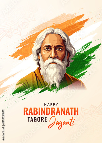 Rabindranath Tagore Jayanti A4 Poster with Indian Tricolor Brush Theme