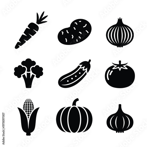 A collection of black vegetable icons on a white background
