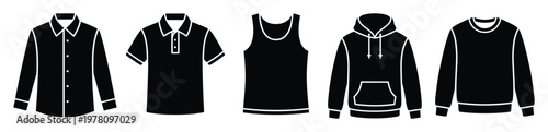 A versatile collection of essential mens clothing items depicted as simple black silhouette icons, useful for ecommerce product listings, fashion apps, or graphic design projects requiring