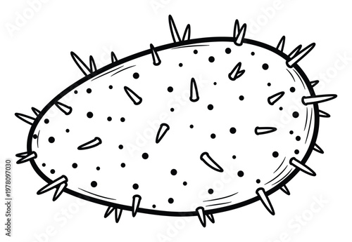 Abstract black and white microbe or virus shape with sharp spikes and dots, ideal for scientific illustrations, educational content, disease awareness, and health related graphic projects.
