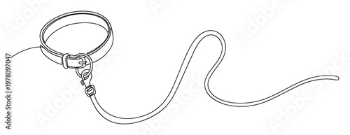 Simple elegant continuous line art drawing of a pet dog collar with a connected leash, perfect for veterinary clinic branding, animal care product packaging, or modern pet service