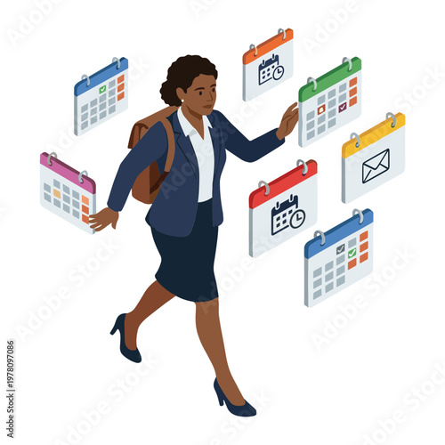 A businesswoman runs through floating colorful calendars and emails in office.