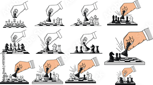 Chess Game Icon Set with Hand, Pieces, and Moves for Strategy, Competition, and Board Game Illustrations