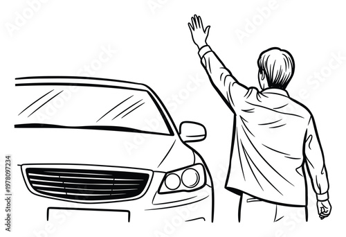 Man raising his arm to hail a ride or signal for assistance while standing beside a car, ideal for various transportation and automotive service promotions
