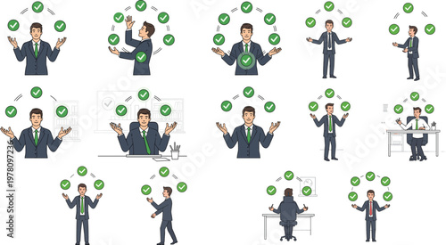 Business Success and Task Management Icon Set with Businessman, Checkmarks, and Workflow Illustrations