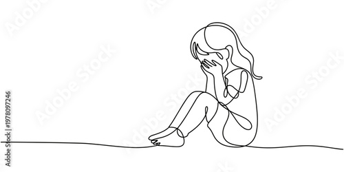 Single continuous line drawing young woman closes his eyes with her hands because of disgust and reluctance to see something, fear or sadness isolated. One line draw graphic design vector illustration