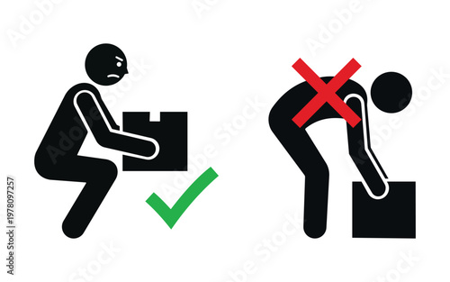 Manual Handling and Safe Lifting Icons Vector Set with Stick Figures Demonstrating Correct and Incorrect Box Lifting Techniques for Workplace Safety