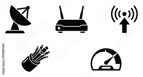 Set of network communication technology icons representing satellite, router, wireless signal, fiber optic cable, and internet speed test for digital connectivity solutions and