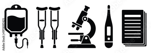 A comprehensive collection of essential medical equipment and healthcare tools including an IV bag, crutches, microscope, thermometer, and patient documents, useful for illustrating medical