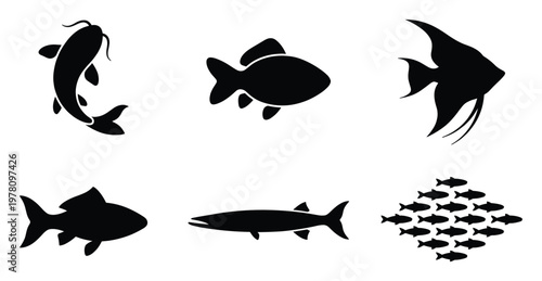 Stylized fish icons showcasing different aquatic creatures like catfish, angelfish, and a fish school for aquaculture product packaging and nature themed visual communication.