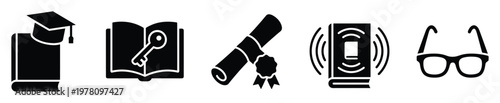 Collection of education and learning icons depicting academic achievement, knowledge discovery, digital audiobooks, and vision for educational resources and school related graphic