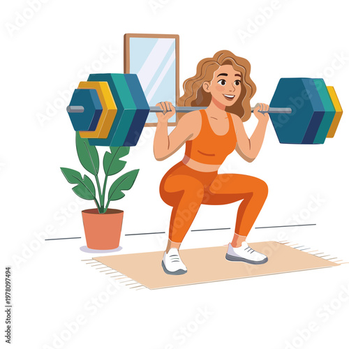 Woman lifting weights on exercise mat in home gym with mirror