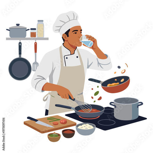 A chef is cooking and drinking water while working in a kitchen with various pots and pans.