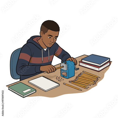 A young boy sitting at a desk is sharpening pencils with books and a notebook.