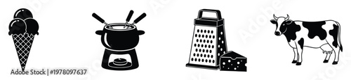 Food and dairy product icons including an ice cream cone, fondue pot, cheese grater, and a milk cow suitable for menus, recipe books, and food industry branding