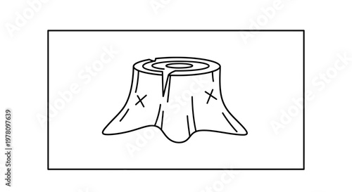 Simple Line Drawing of a Tree Stump with Rings and Cracks