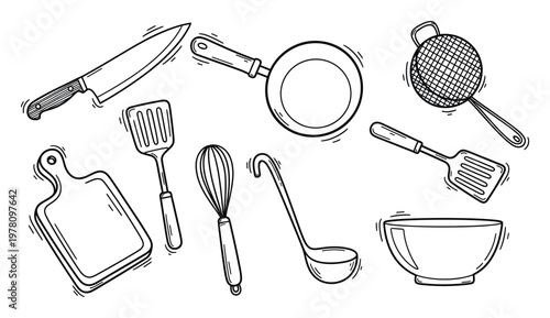 Hand drawn kitchen utensils for cooking and baking projects featuring a knife, pan, ladle, whisk, and spatulas, useful for culinary blog graphics or recipe book design elements.