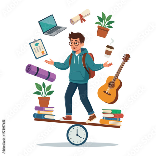 A student balances academic and hobby items on a seesaw outdoors