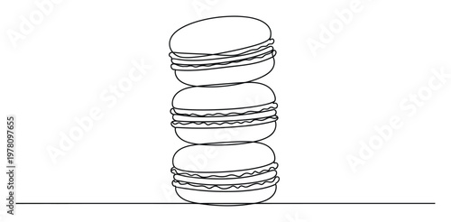 Elegant continuous line drawing capturing a balanced stack of three French macarons, ideal for culinary publications, sweet treat advertisements, or sophisticated kitchen decor