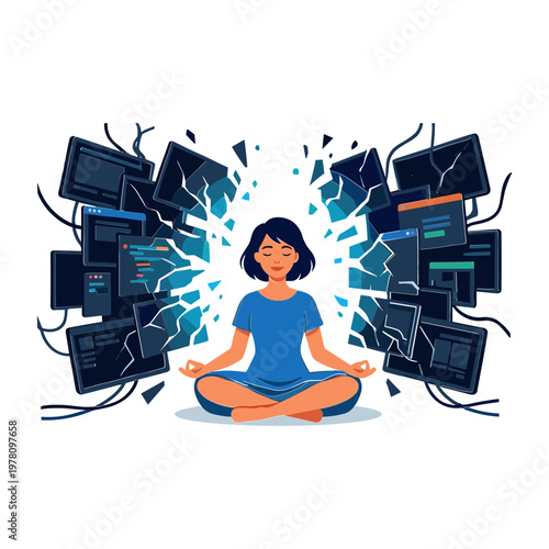Woman meditates peacefully amidst shattered computer screens and code fragments in a serene environment.