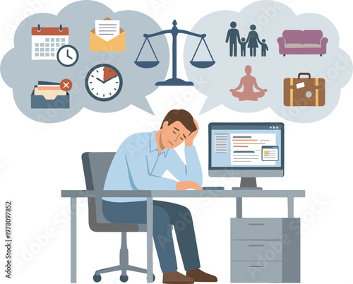 Man sitting at desk overwhelmed by thoughts of work-life balance and deadlines