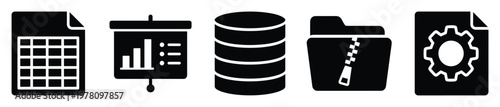 Essential digital icons for data management, business presentations, database systems, compressed file archives, and configuration settings, suitable for modern software interfaces and IT