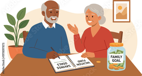 Elderly couple planning financial goals together at home
