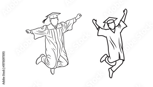 Two jubilant graduates in caps and gowns jumping for joy, celebrating their academic achievement, their poses convey happiness and the triumph of completing their