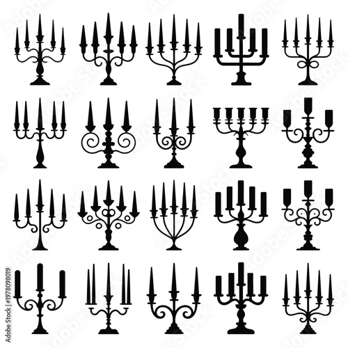 A collection of various candelabras and menorahs on a white background