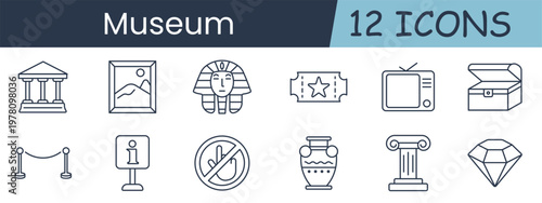 Museum set icon. Collection with classical building, framed painting, pharaoh mask, ticket, television guide, treasure chest, rope barrier, information sign, no touch symbol, antique vase