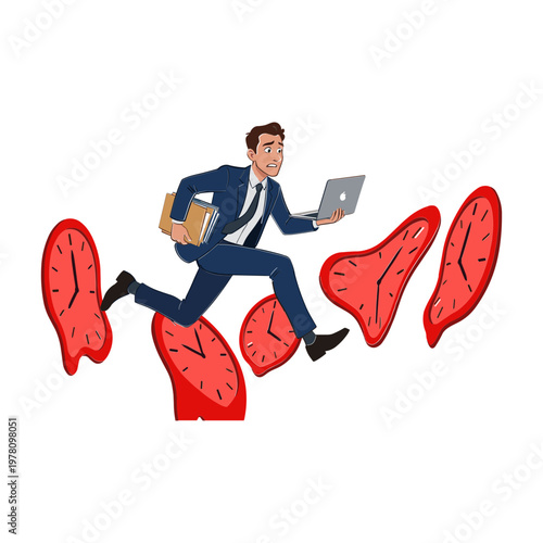 Man in business suit jumps over obstacles with laptop and books in hand