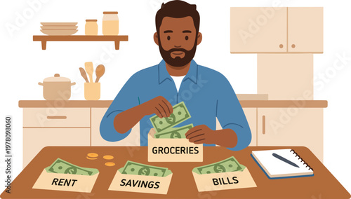 Man organizing finances with bills, groceries, rent, and savings in kitchen