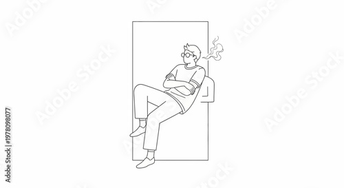 Man Smoking and Relaxing on Chair, Line Art Illustration