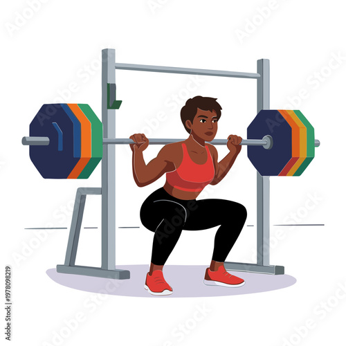 A woman performs a squat exercise with heavy weights in a gym