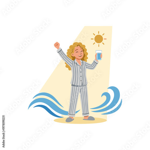 Woman celebrates summer morning with coffee on beach