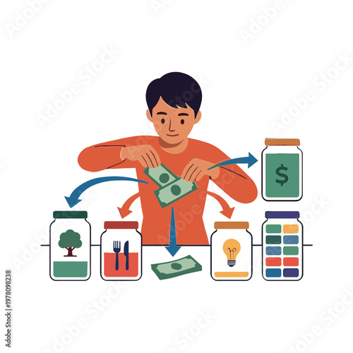 A man is exchanging money into various colorful jars representing savings and investments.