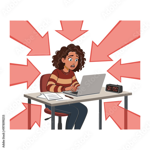 A woman sits at a desk overwhelmed by arrows while working on her laptop.
