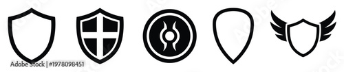 A collection of diverse shield symbols representing protection defense security and authority, ideal for app interfaces game development branding or digital safety graphics.