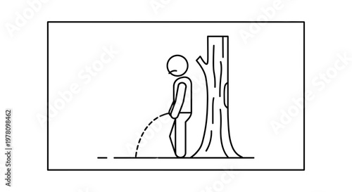 Man urinating on tree in nature, outdoor public urination, illegal act, simple line drawing