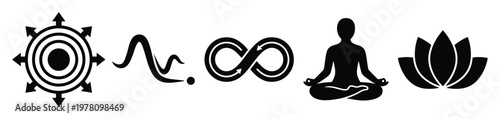 Inspiring collection of spiritual and wellness symbols depicting meditation, infinity, lotus, focused direction, and lifes journey, perfect for promoting balance and inner peace
