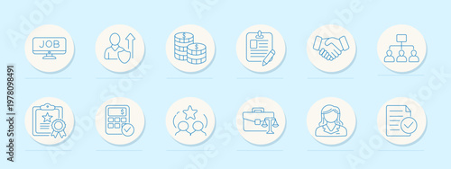 Employment and finance set icon. Line collection with job search board, career growth person arrow, money stack coins, clipboard checklist pen, handshake agreement, team hierarchy
