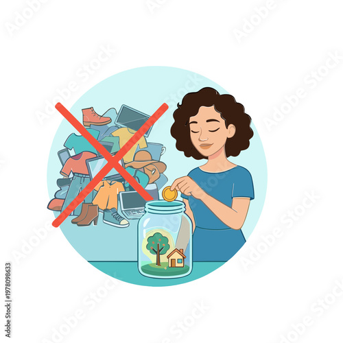 Woman saves money in jar, rejects banknotes and coins, showing financial discipline.