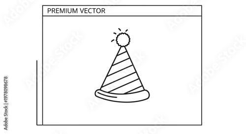 Party Hat Icon, Birthday Celebration Cone Hat with Pom Pom, Line Art Vector