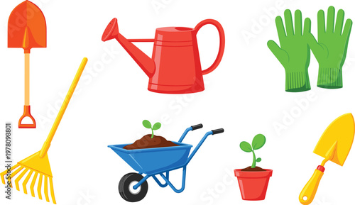 Gardening Tools Icon Set with Shovel, Watering Can, Gloves, Wheelbarrow, and Planting Equipment for Outdoor and Garden Designs