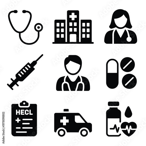 A collection of medical icons on a white background