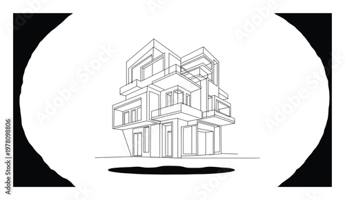Modern architectural blueprint showcasing a complex residential structure with multiple levels and geometric facades perfect for construction and urban planning concepts