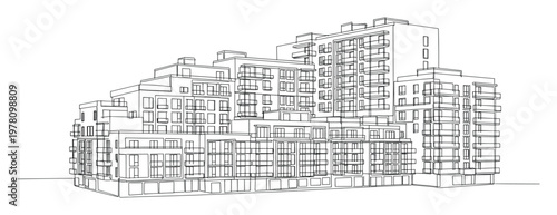 Architectural line drawing of a modern multistory residential building featuring numerous windows and balconies, ideal for urban development concepts, real estate presentations, or