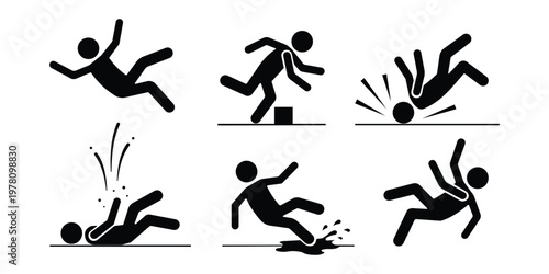 Falling and Slipping People Icon Set Vector with Stick Figures Illustrating Accidents, Safety Hazards, and Workplace Injury