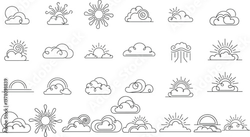 Weather Icon Set with Clouds, Sun, Rain, and Rainbow Illustrations for Nature, Forecast, and Weather Designs