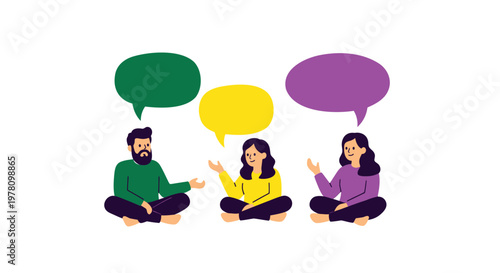 Flat design people talking, colorful speech bubbles, communication icons, teamwork illustration, vector graphics